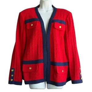 VTG Castleberry Cardigan Jacket Women's XL Red w/ Blue Trim & Pockets Old Money